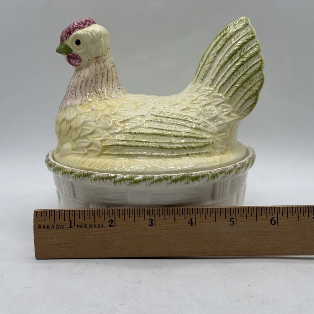 VTG Ceramic Hen on Nest Chicken Covered Dish Basket Candy Bowl Yellow Green 6